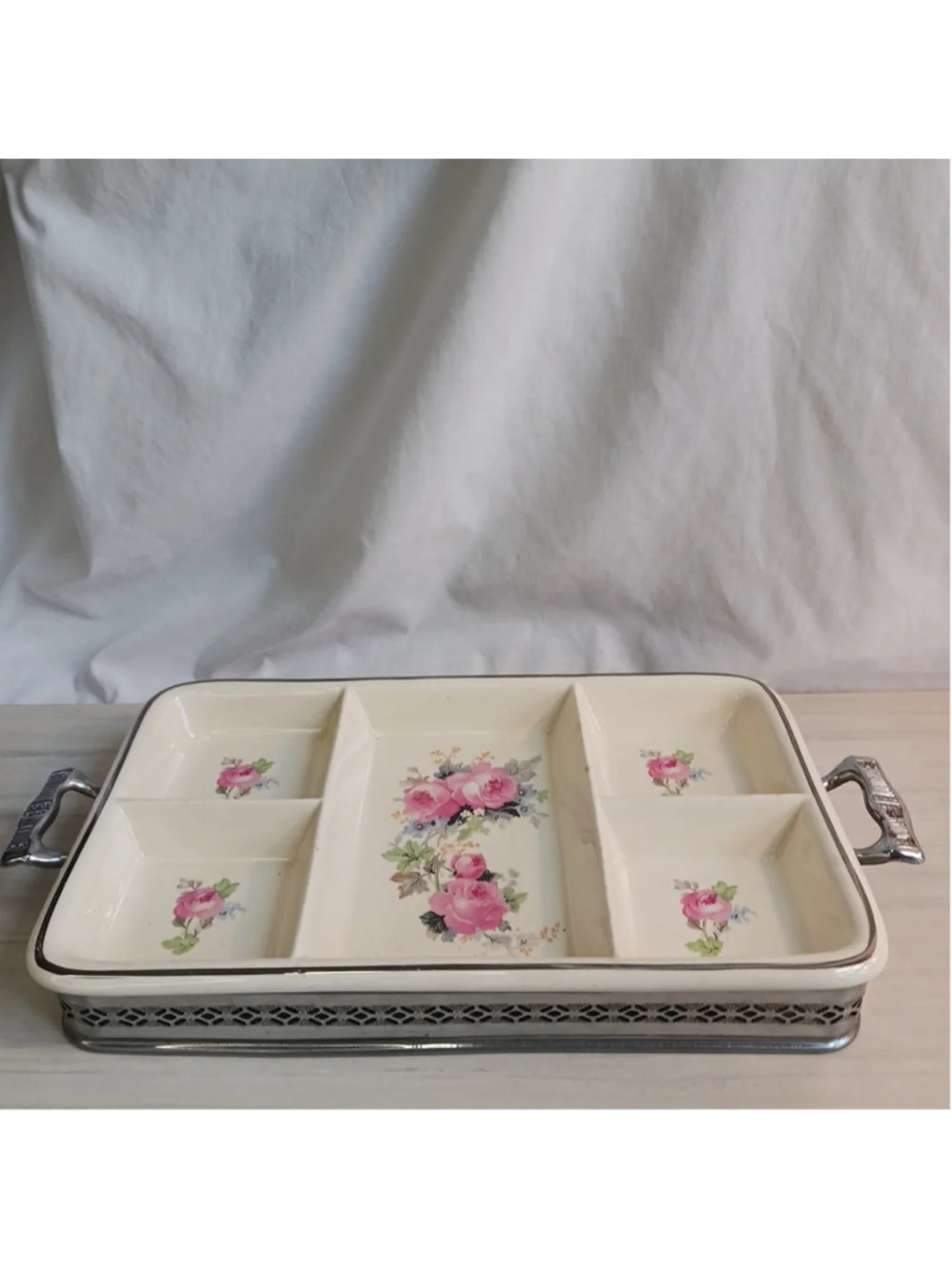Vintage Ovenproof Divided Serving Tray Floral Pink Rose Silver Raised Trivet